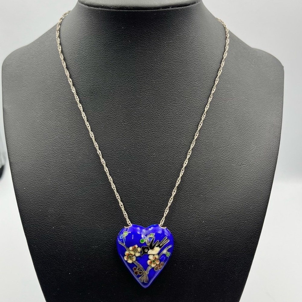 Stunning italy sterling silver cloisonné bird necklace